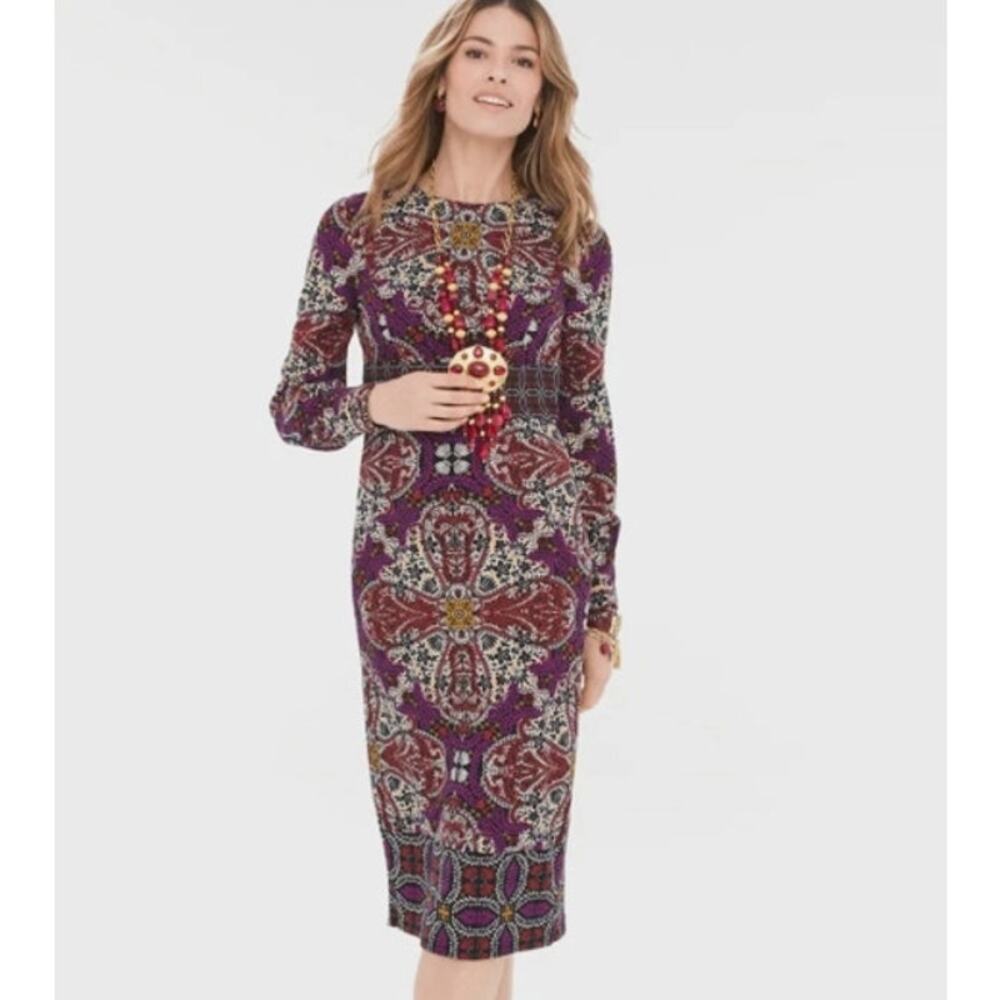 Chicos Womens Floral Medallion Print Midi Sheath Dress Size 1 8/10 Artsy Stretch
